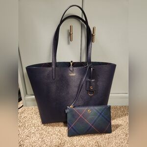 Lauren Ralph Lauren Large Merrimack Reversible Navy Tote Bag Pouch Plaid Rare